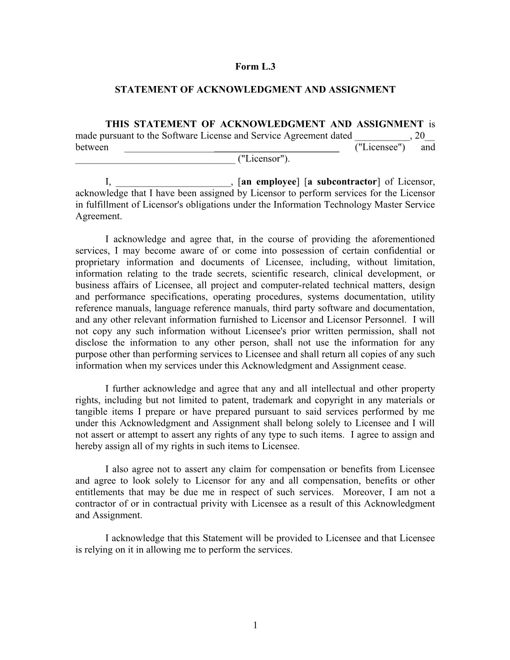 Statement of Acknowledgment and Assignment