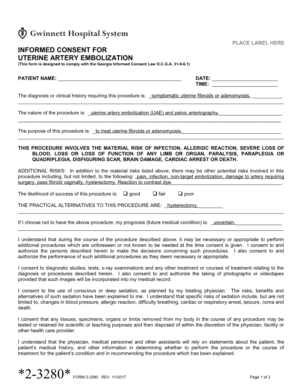 Informed Consent for Uterine Artery Embolization