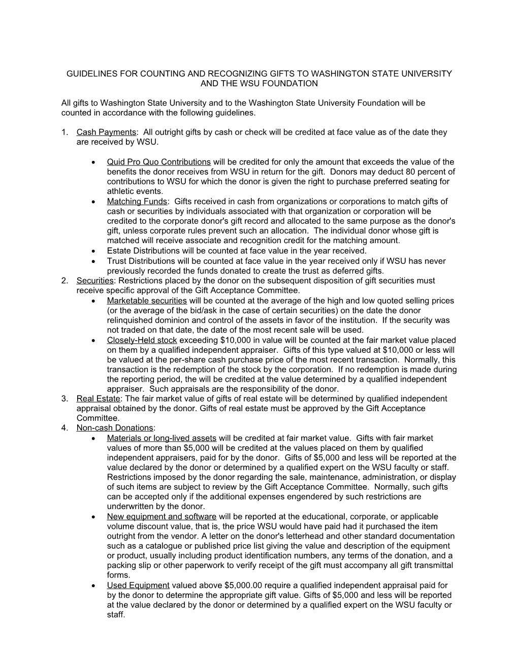 Guidelines for Counting and Recognizing Gifts to Washington State University and the Wsu