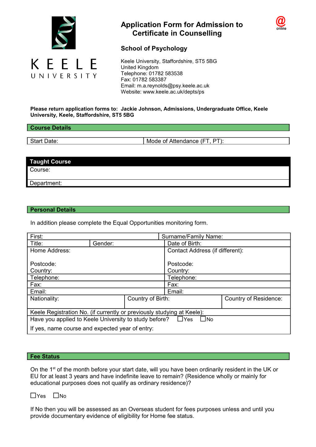 Application Form for Admission to Certificate in Counselling