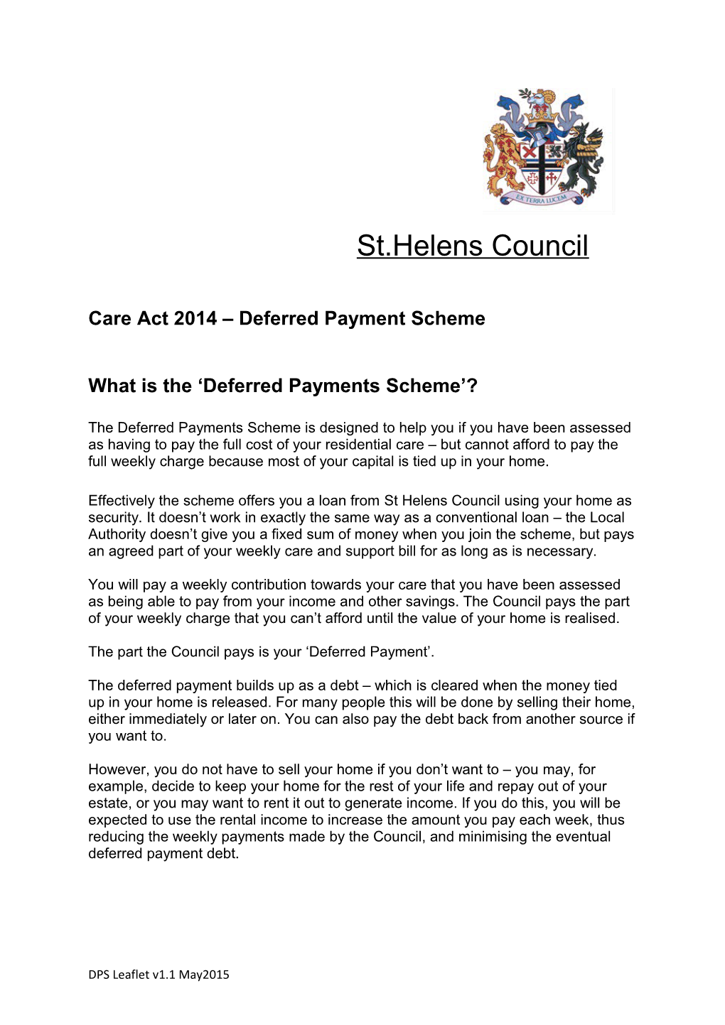 Care Act 2014 Deferred Payment Scheme