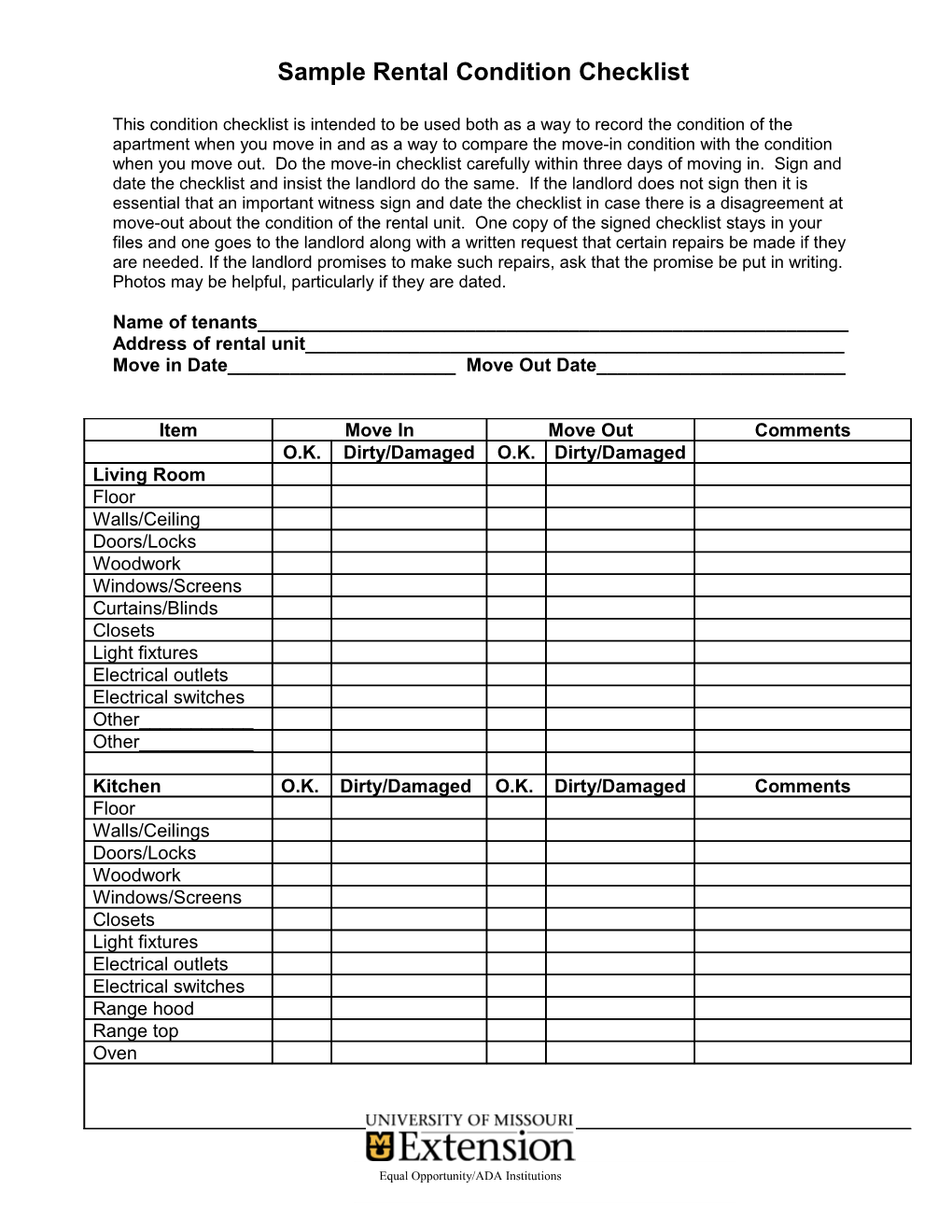 Rental Condition Checklist