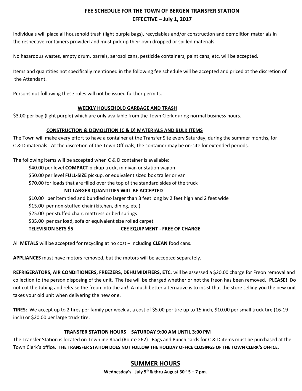 Fee Schedule for the Town of Bergen Transfer Station