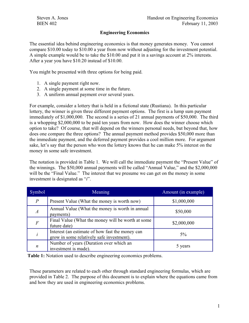 Steven A. Jones Handout on Engineering Economics