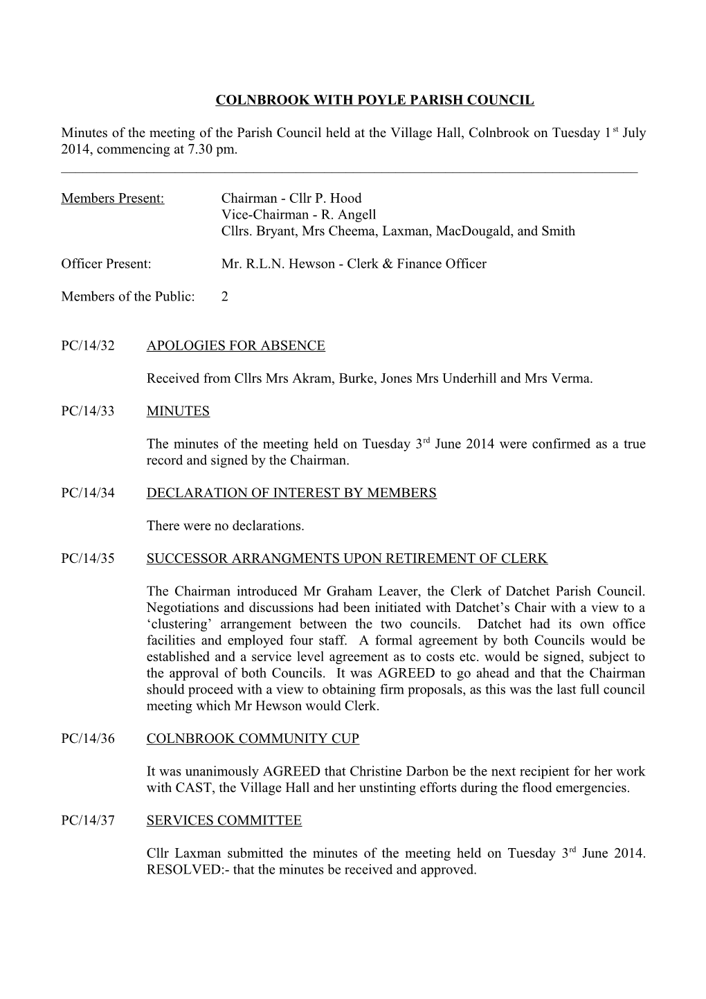 PC Meeting Minutes 1 July 2014