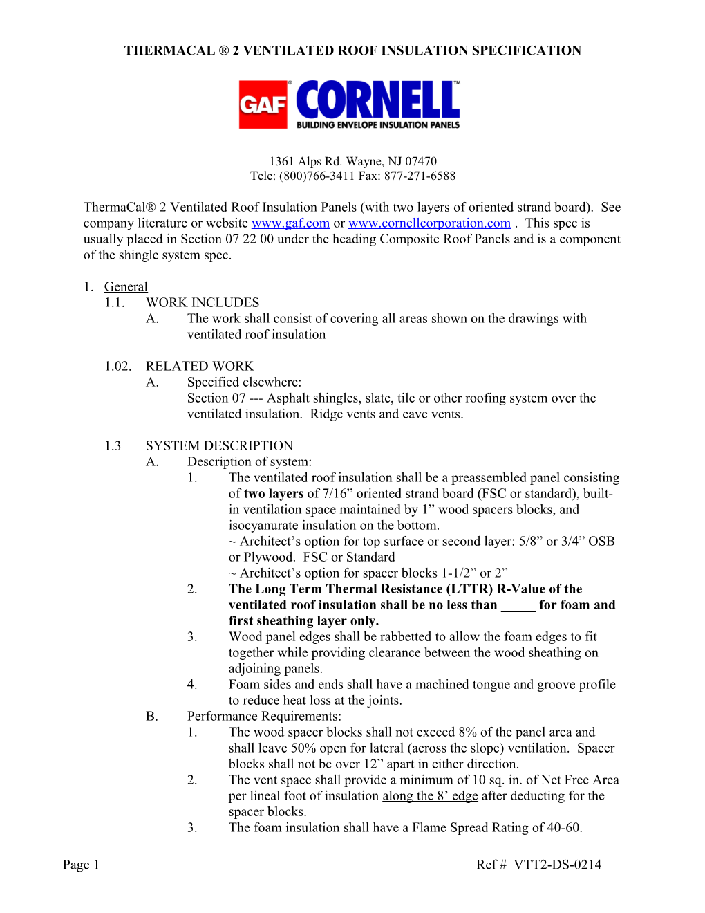 Thermacal 2 Ventilated Roof Insulation Specification