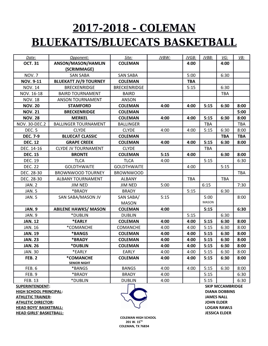 2017-2018 - Coleman Bluekatts/Bluecats Basketball