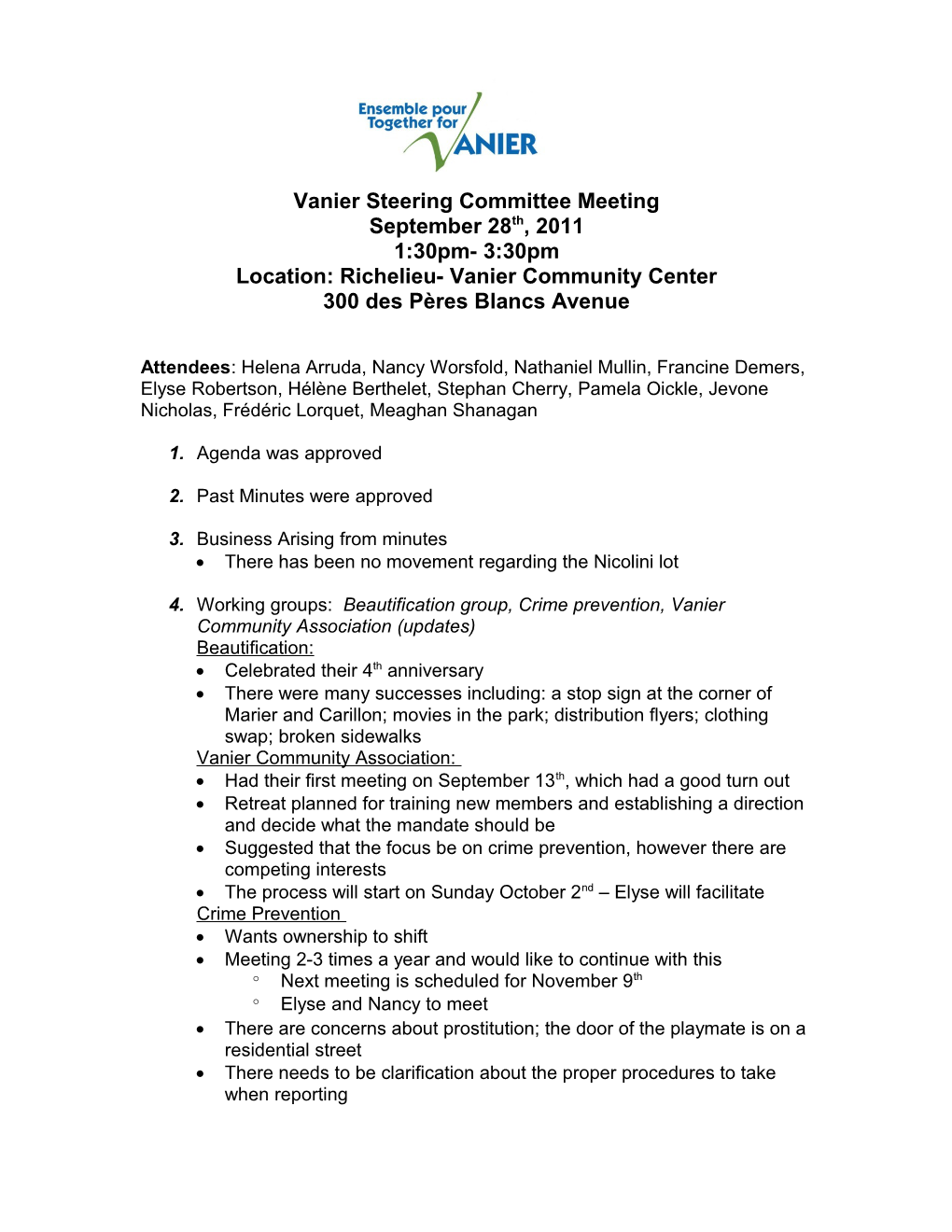 Vanier Steering Committee Meeting