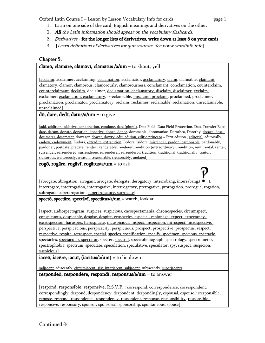 Oxford Latin Course I Lesson by Lesson Vocabulary Info for Cards Page 5