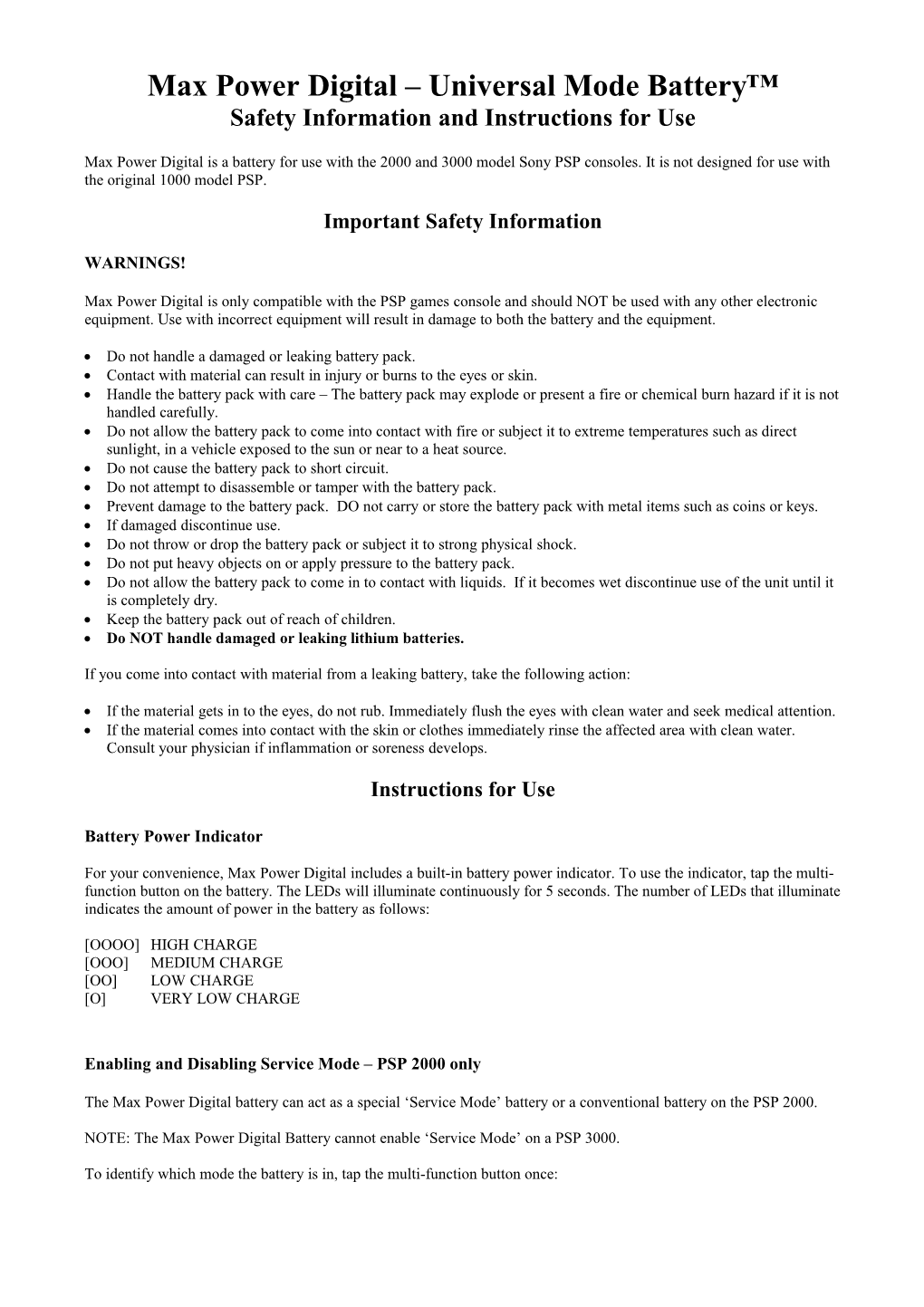 Instruction Manual for TOOL Battery for PSP