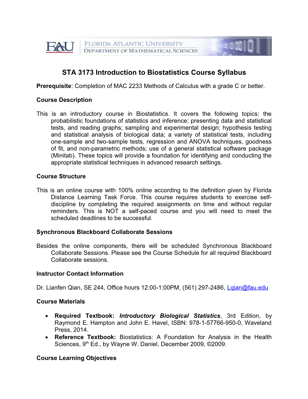 STA 3173 Introduction to Biostatistics Course Syllabus