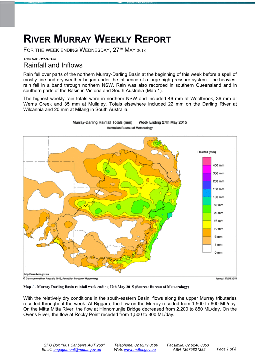 River Murray Operations Weekly Report 27Th May 2015