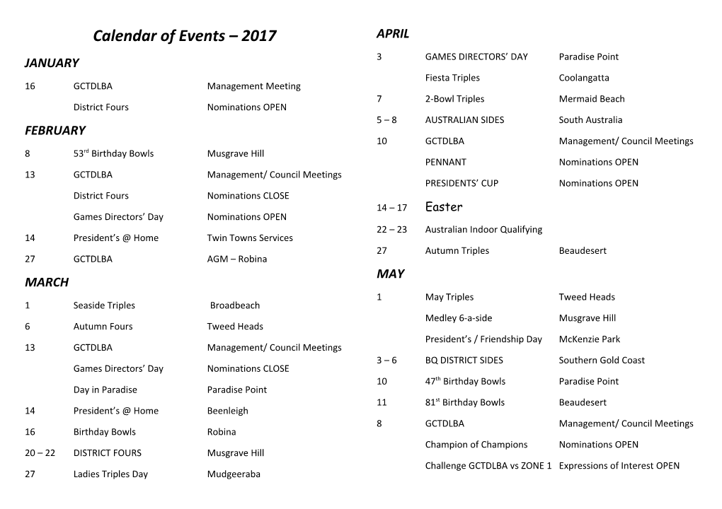 Calendar of Events 2017