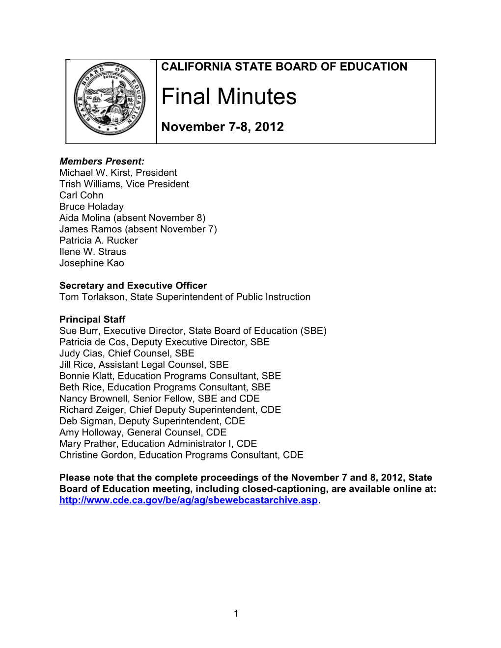 Final Minutes for November 7-8, 2012 - SBE Minutes (CA State Board of Education)