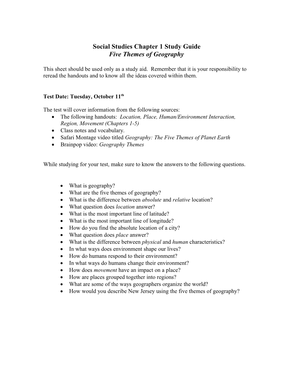 Social Studies Chapter 1 Section 1 Review Sheet