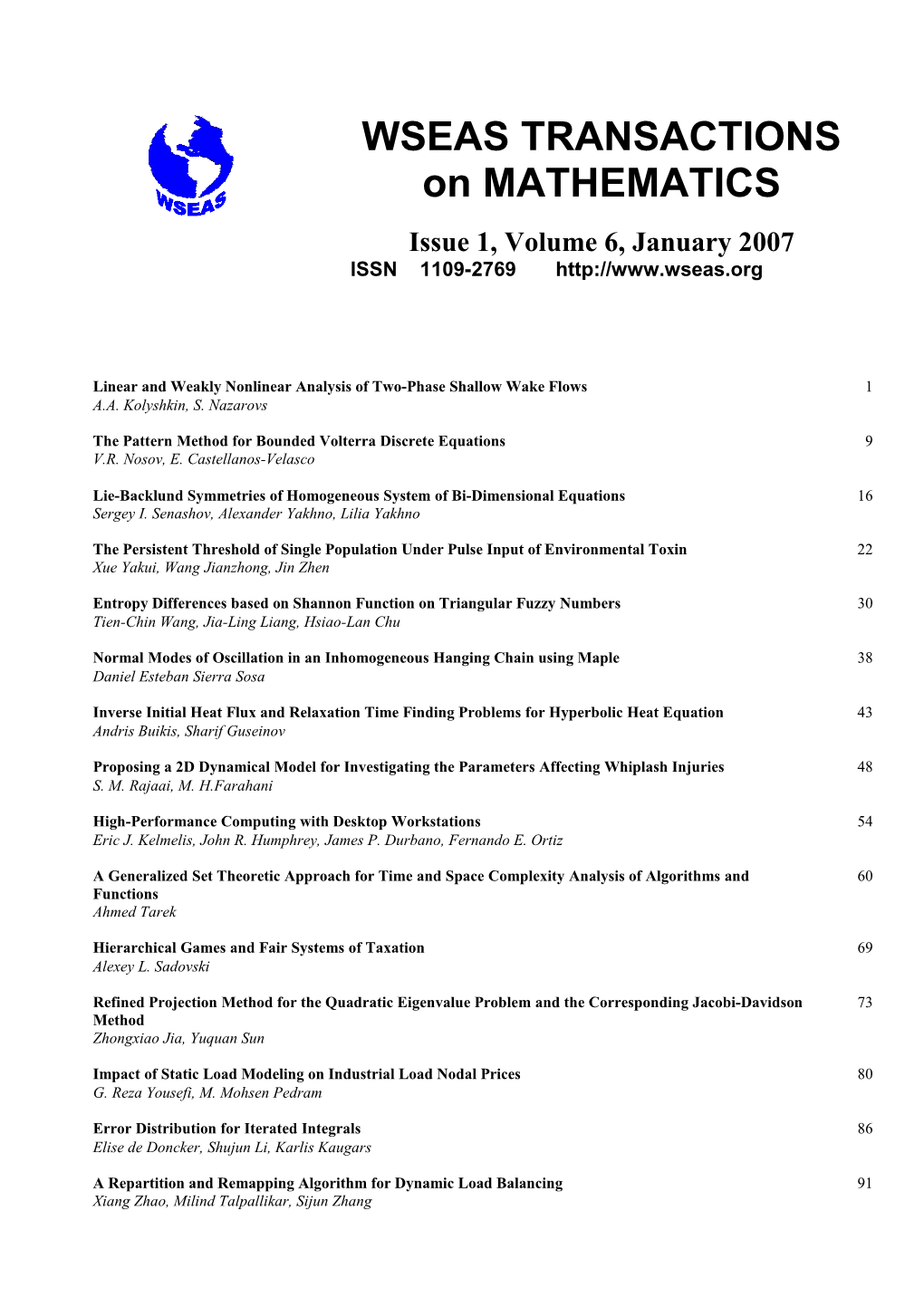 WSEAS Trans. on Mathematics, January 2007