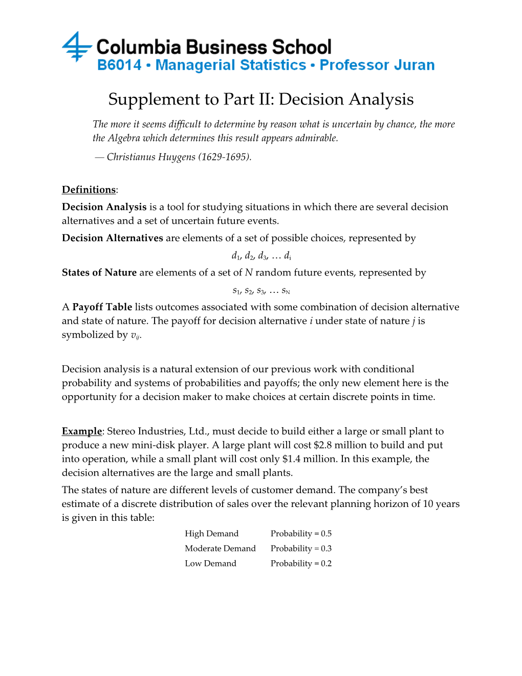 Supplement to Part II: Decision Analysis
