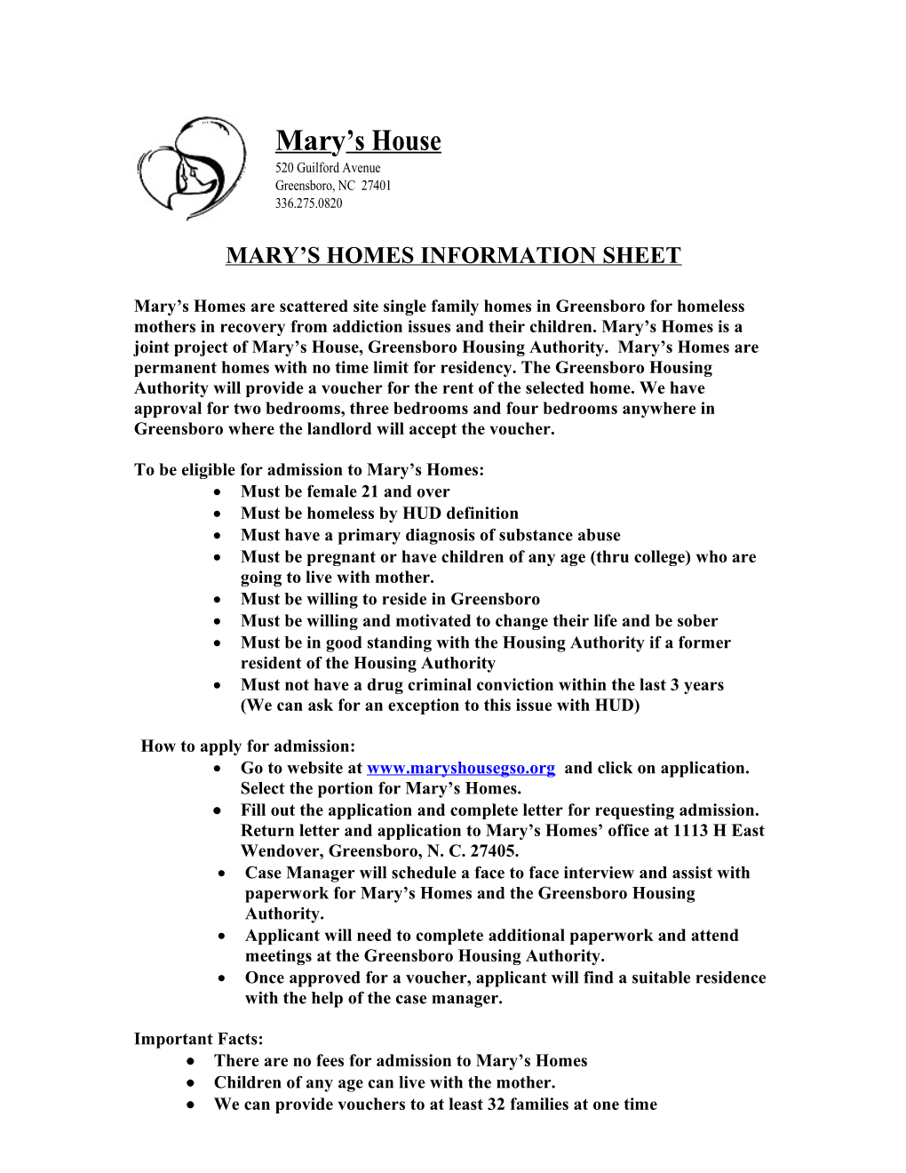 Mary S Homes Information Sheet