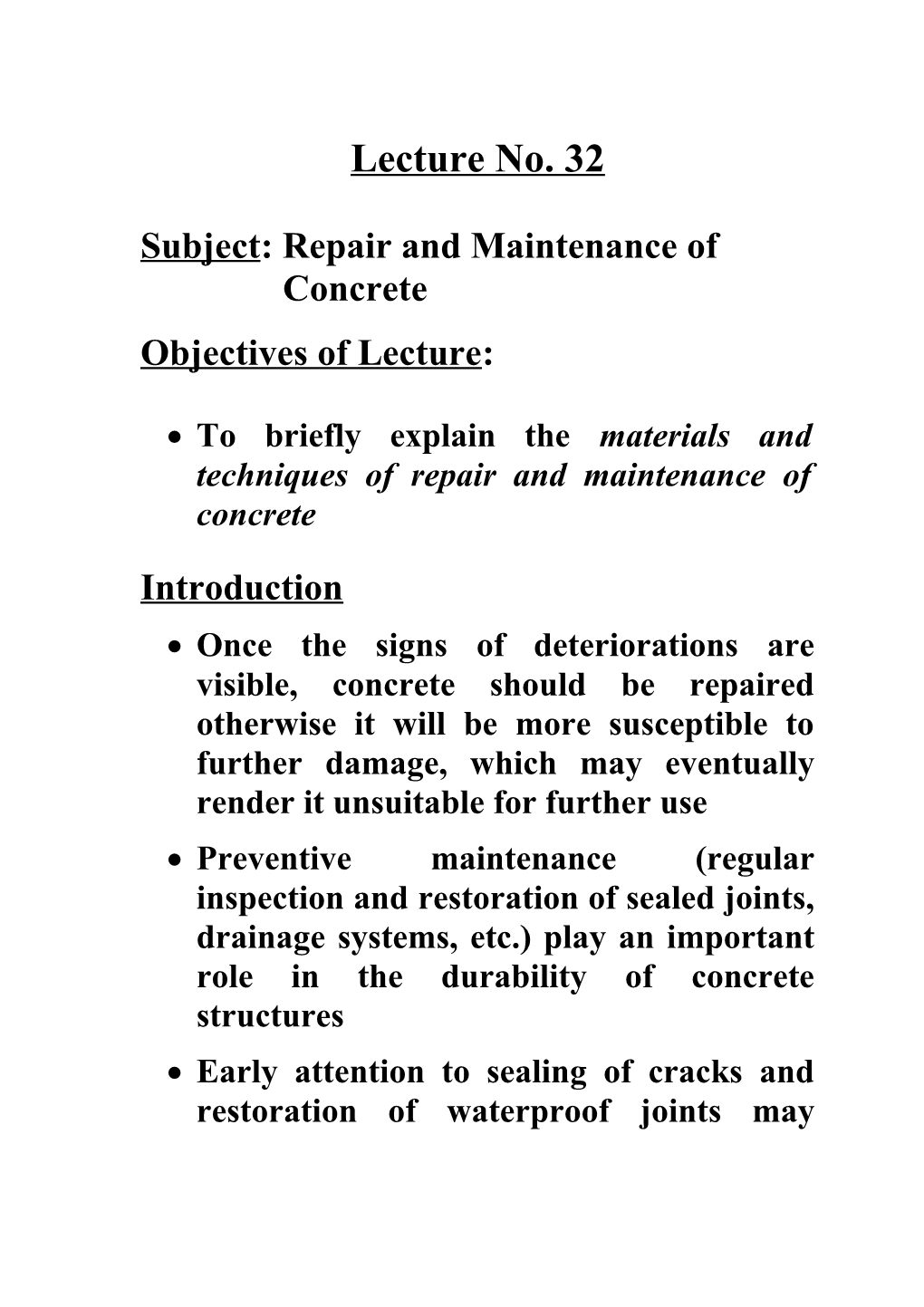 Subject: Repair and Maintenance of Concrete
