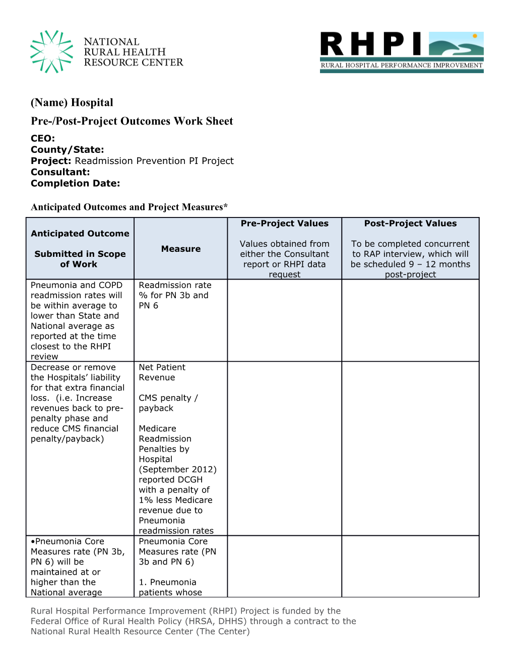 Pre-/Post-Project Outcomes Work Sheet
