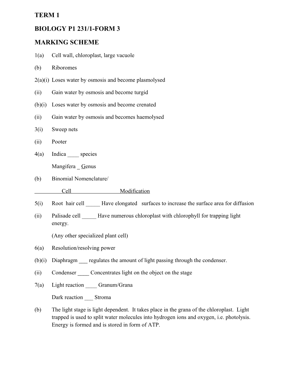 Biology P1 231/1-Form 3