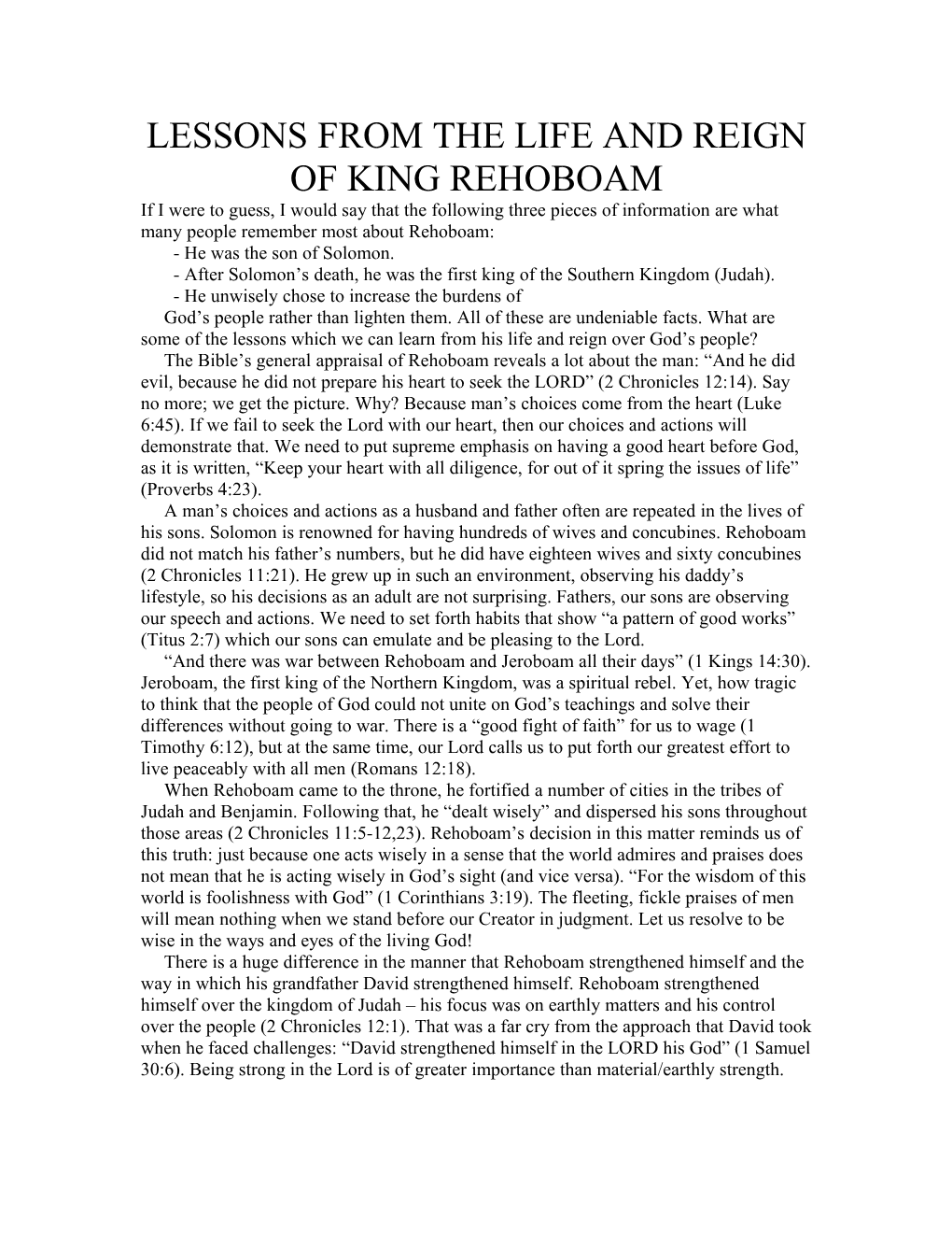 Lessons from the Life and Reign of King Rehoboam