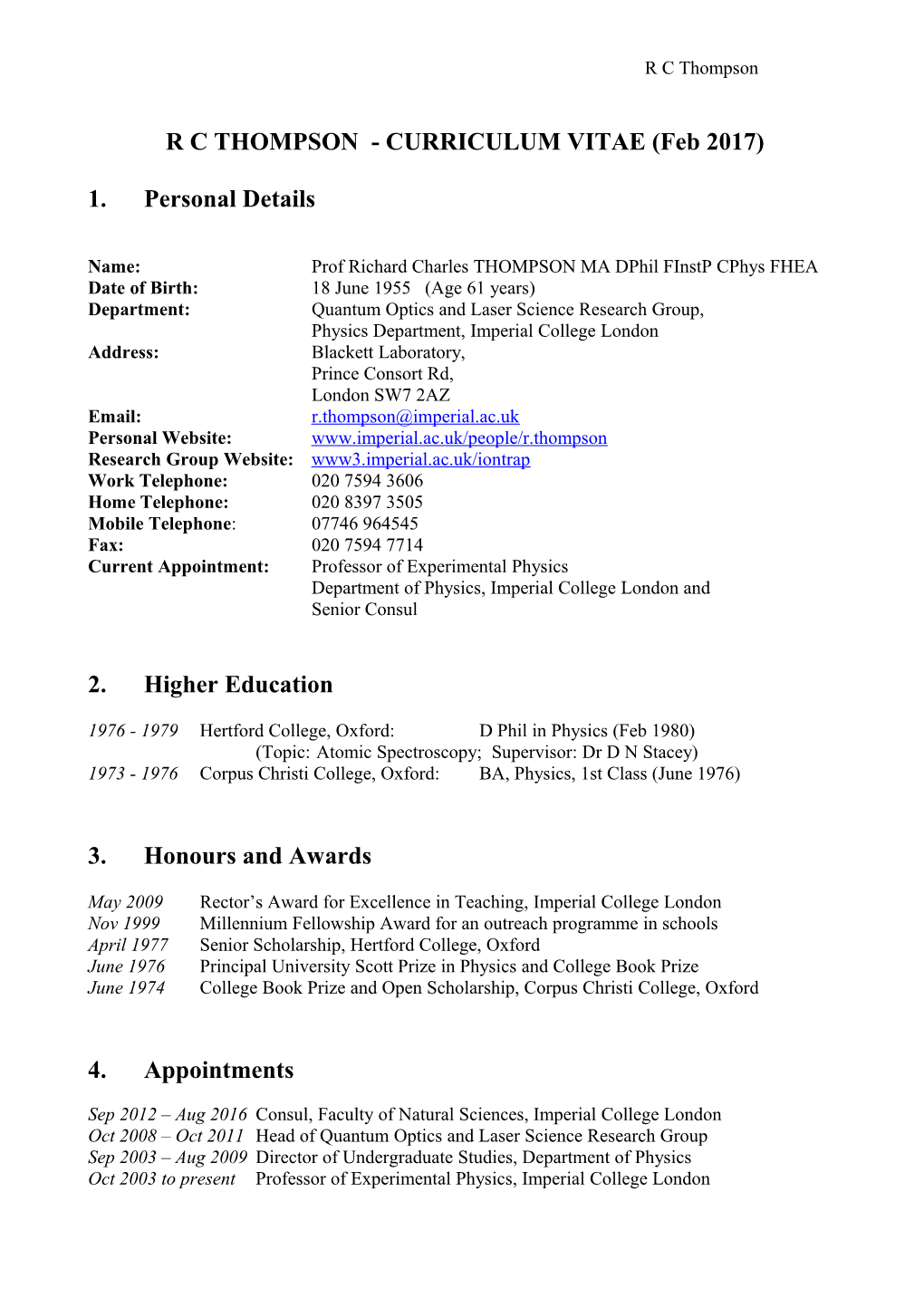 R C Thompson - Curriculum Vitae