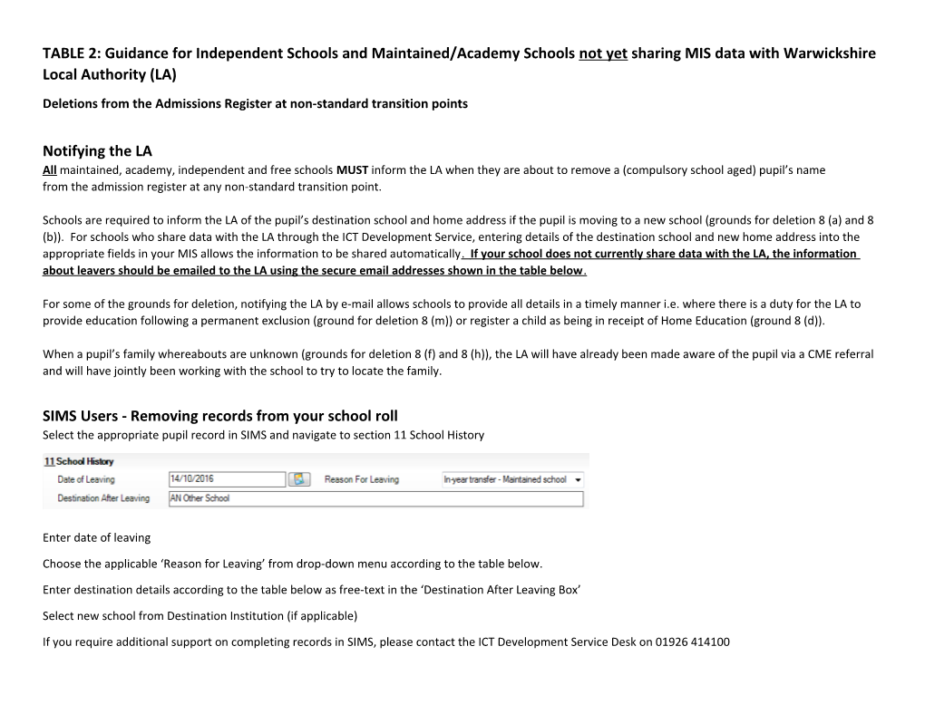 Deletions from the Admissions Register at Non-Standard Transition Points