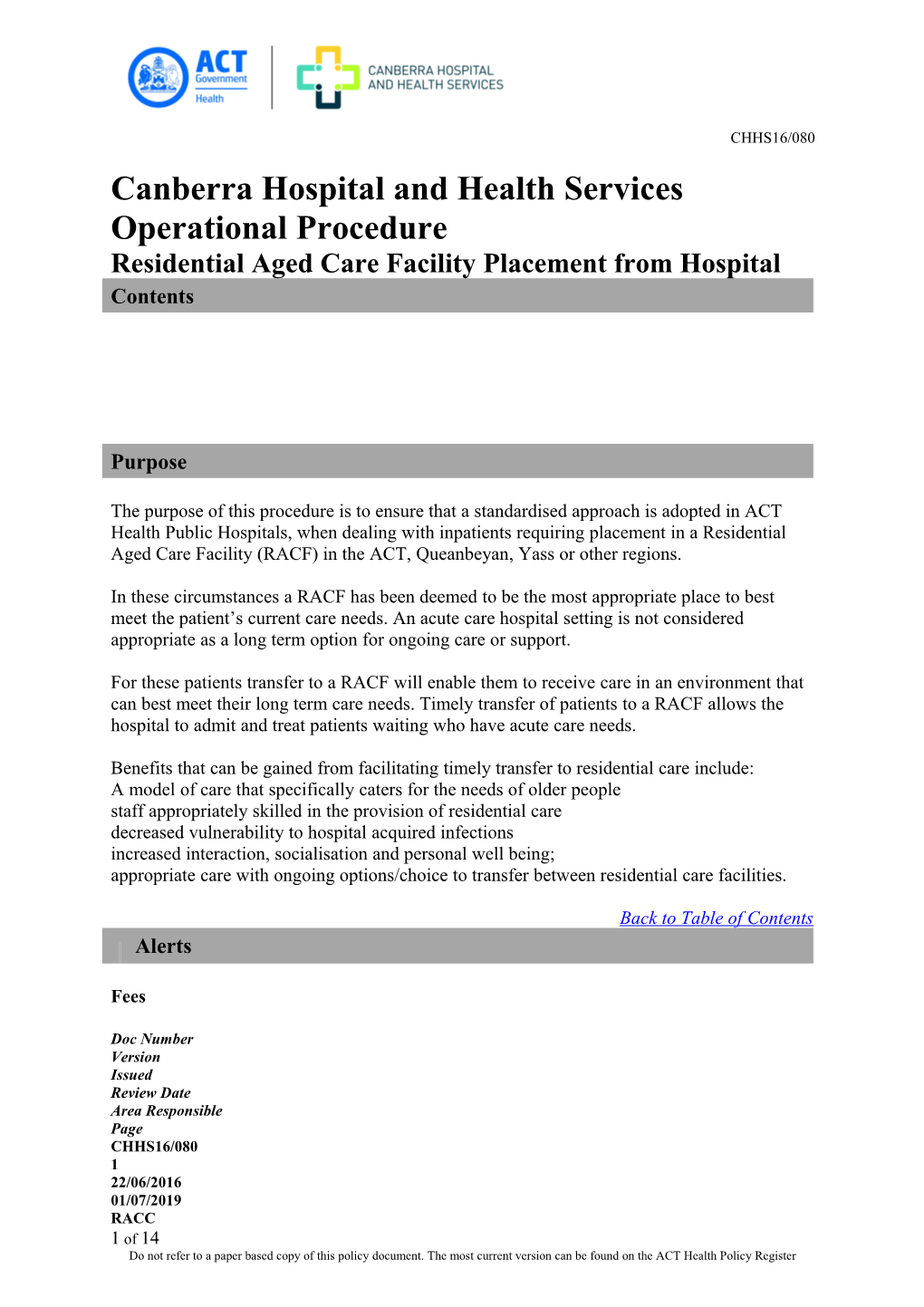 Residential Aged Care Facility Placement Operational Procedure