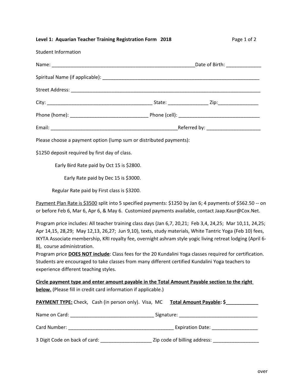 Level 1: Aquarian Teacher Training Registration Form 2018 Page 1 of 2