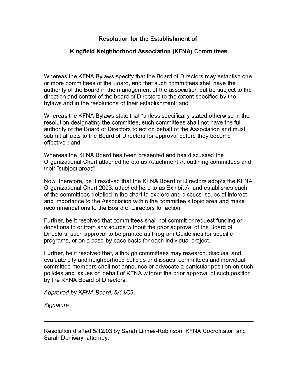 DRAFT Resolution for the Establishment of Kingfield Neighborhood Association (KFNA) Committees