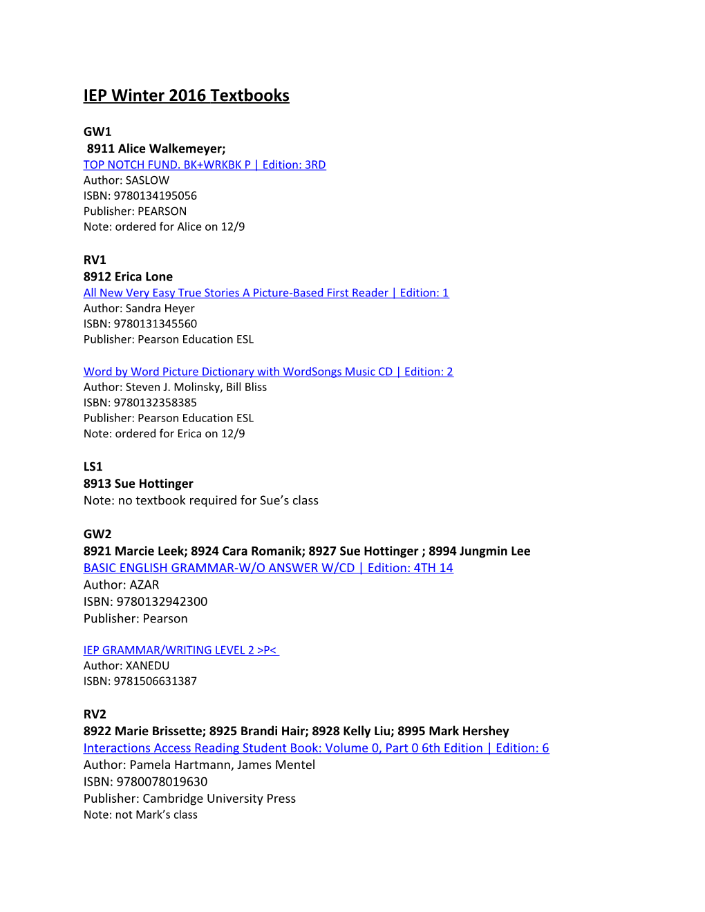 IEP Winter 2016 Textbooks