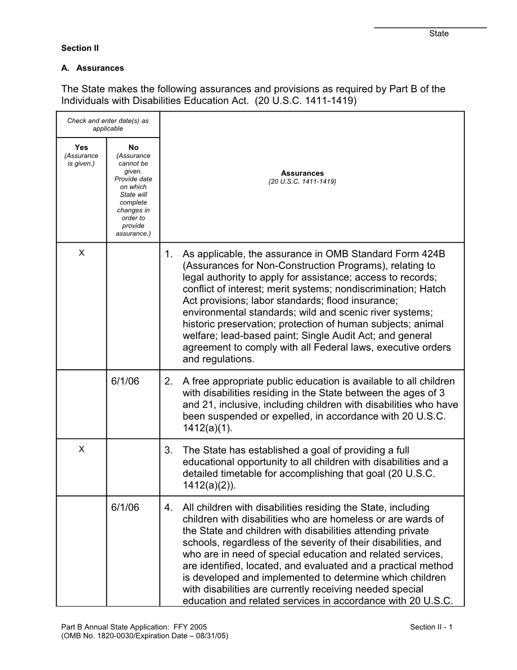 Part B Annual State Application: FFY 2005Section II - 1