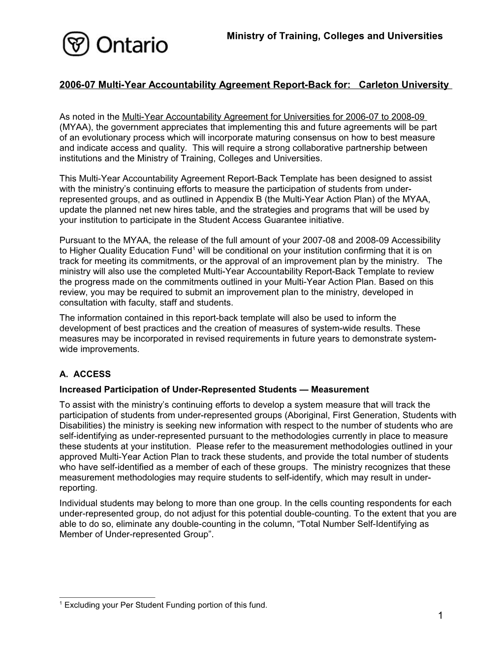 2006-07 Multi-Year Accountability Agreement Report-Back For: Carletonuniversity