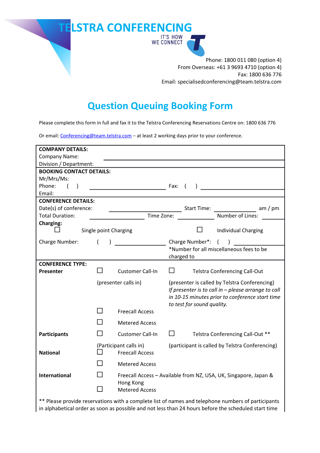 Question Queuing Booking Form