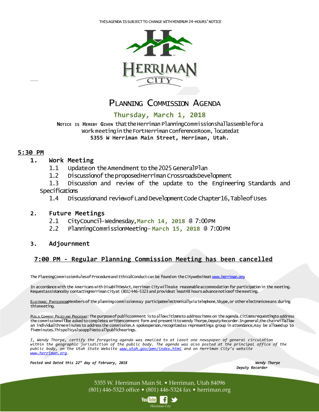 Notice Is Hereby Given That the Herriman Planning Commission Shall Assemble for A