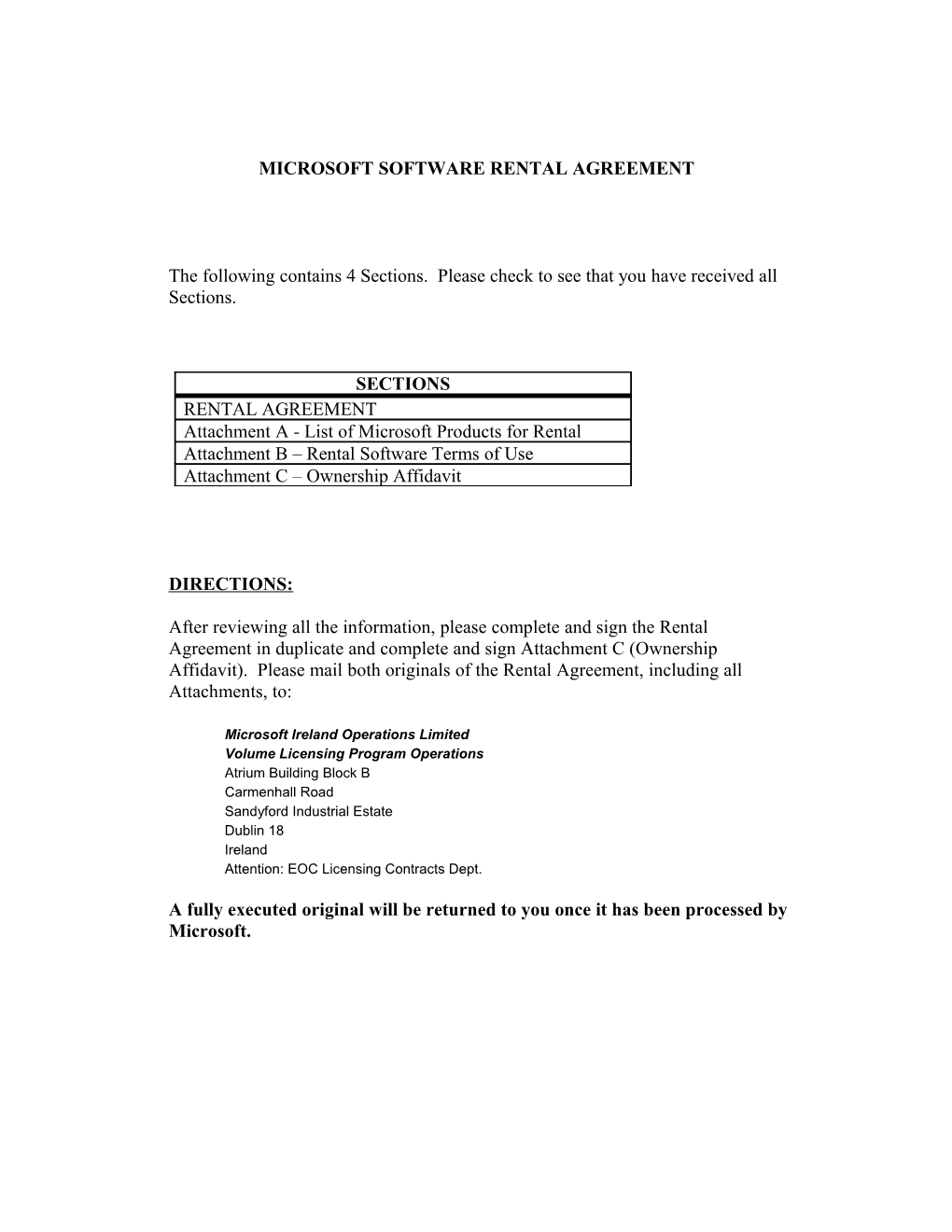 Microsoft Standard Rental Agreement For