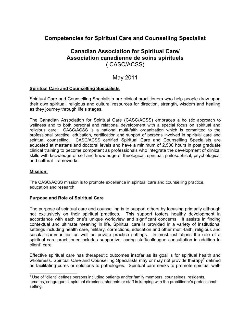 Competencies for Spiritual Care and Counselling Specialist