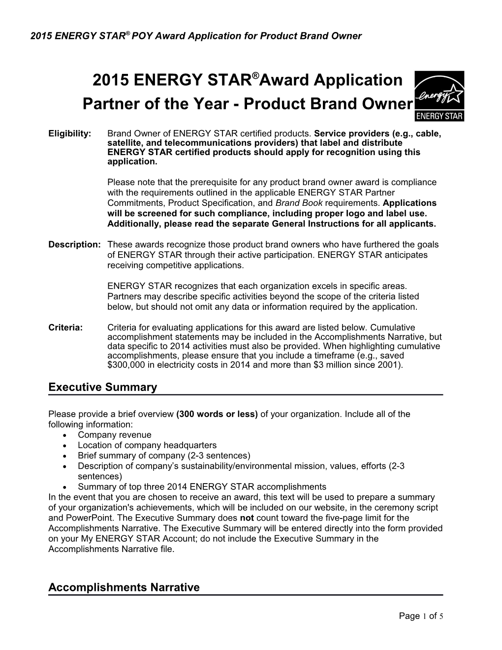 2015 ENERGY STAR Awards General Instructions for Partner of the Year - Product Brand Owner