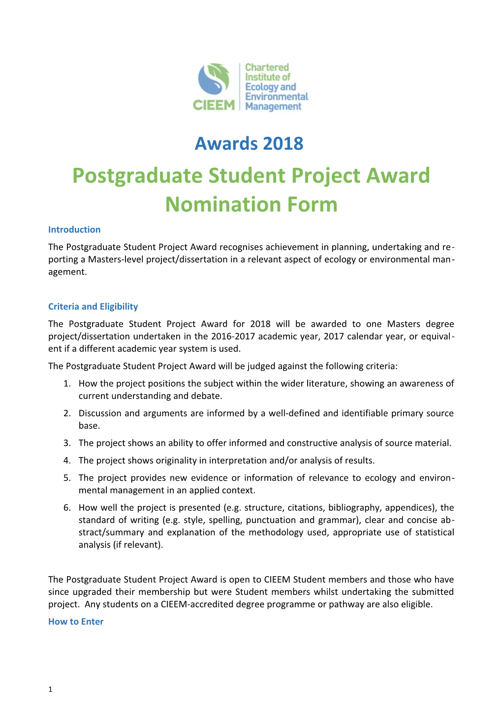 Postgraduate Student Project Award Nomination Form