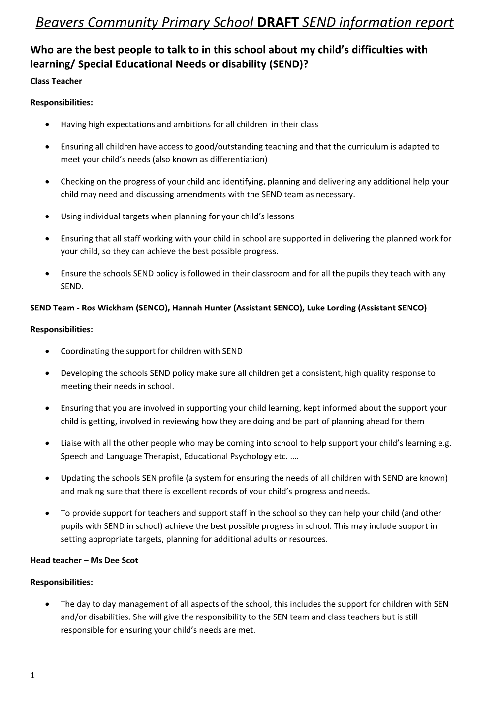 Beavers Community Primary School DRAFTSEND Information Report