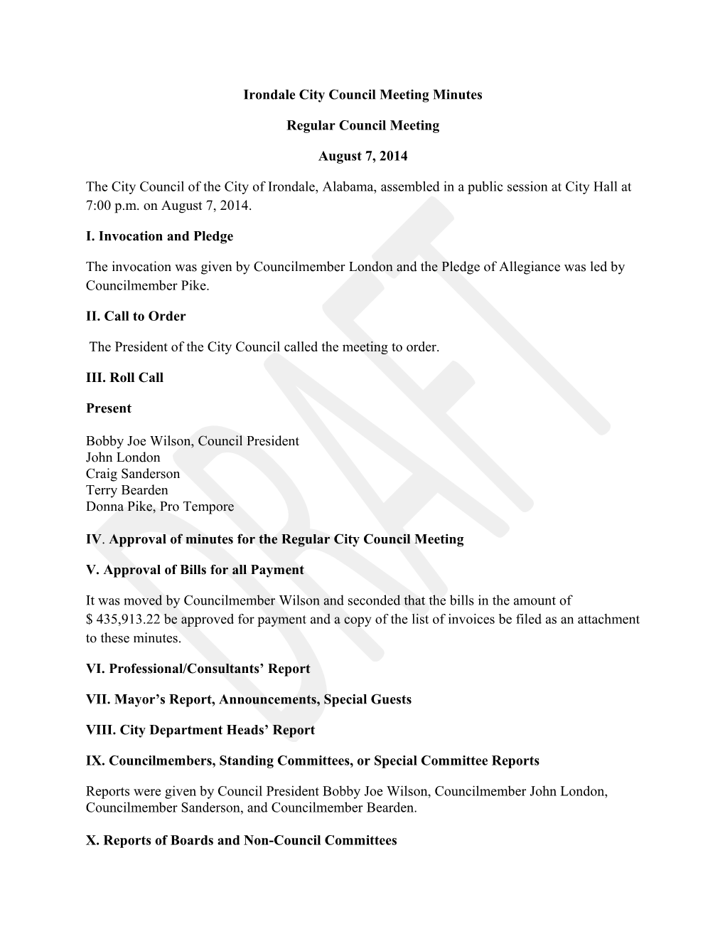 Irondale City Council Meeting Minutes