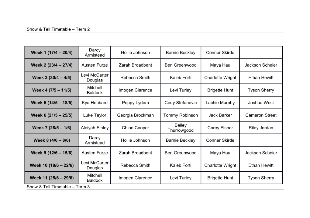 Show & Tell Timetable Term 2