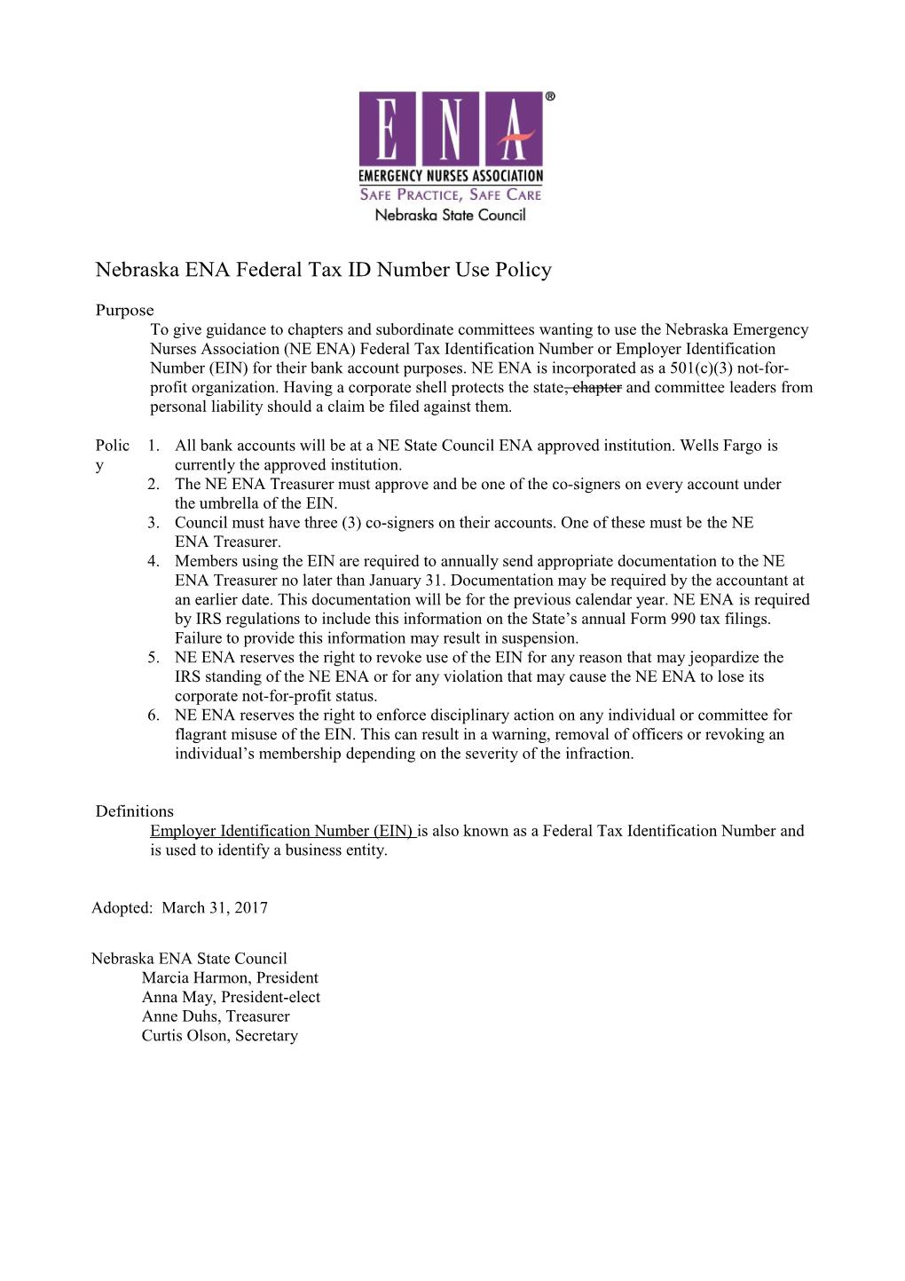 MN ENA Federal Tax ID Number Use Policy 2016