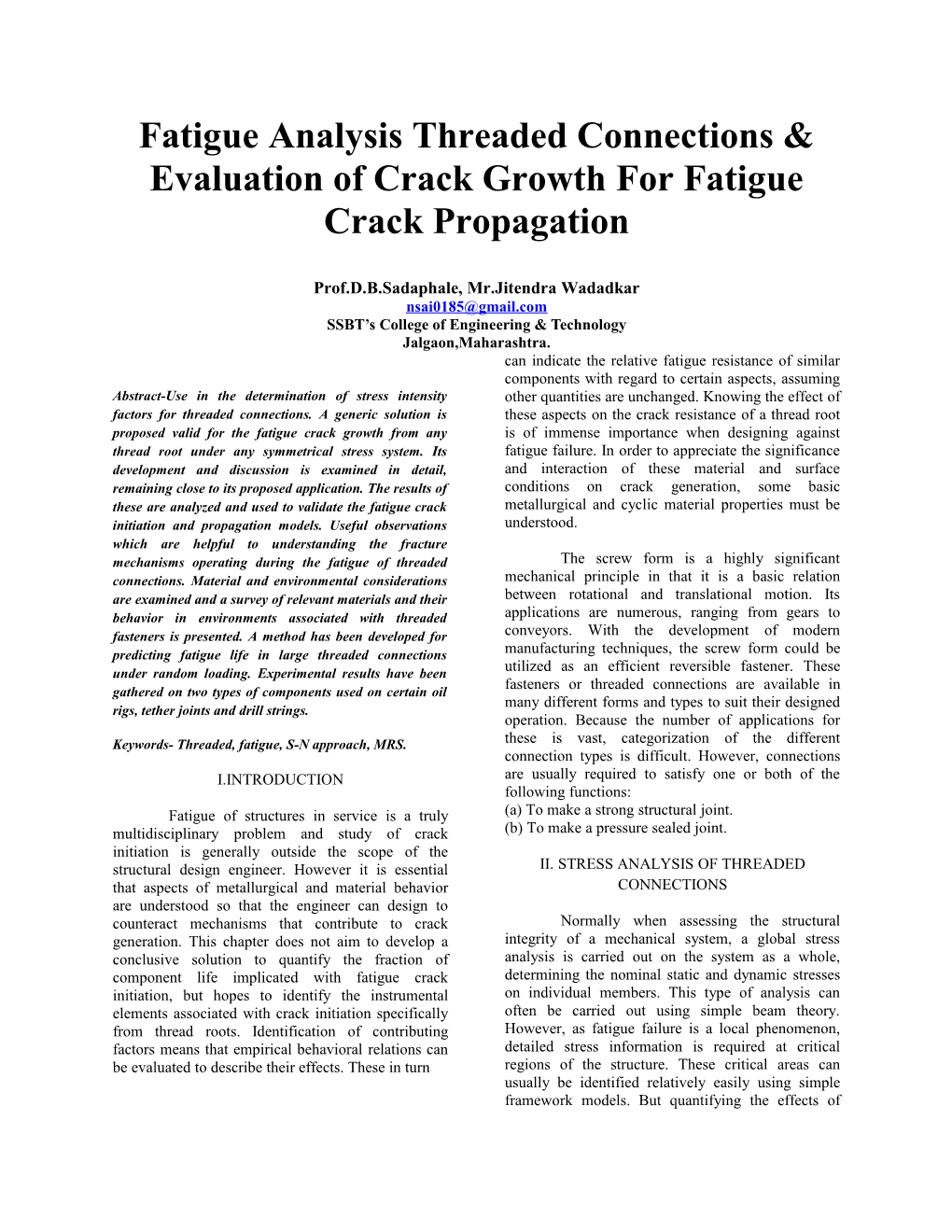 Fatigue Analysis Threaded Connections & Evaluation of Crack Growth for Fatigue Crack