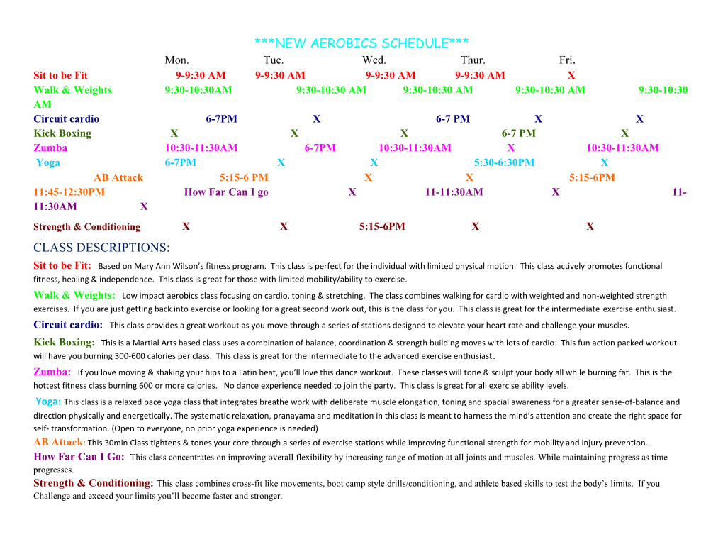 New Aerobics Schedule