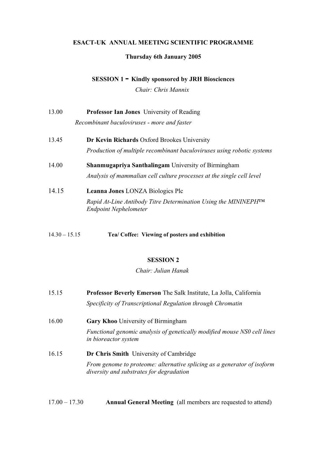 Esact-Uk Annual Meeting Scientific Programme