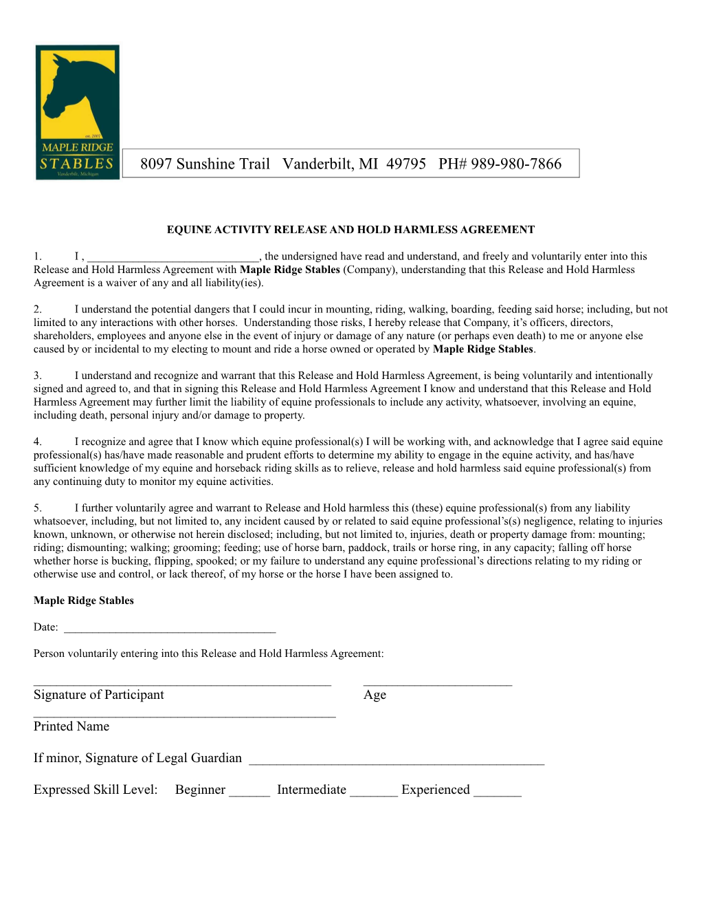 Equine Activity Release and Hold Harmless Agreement
