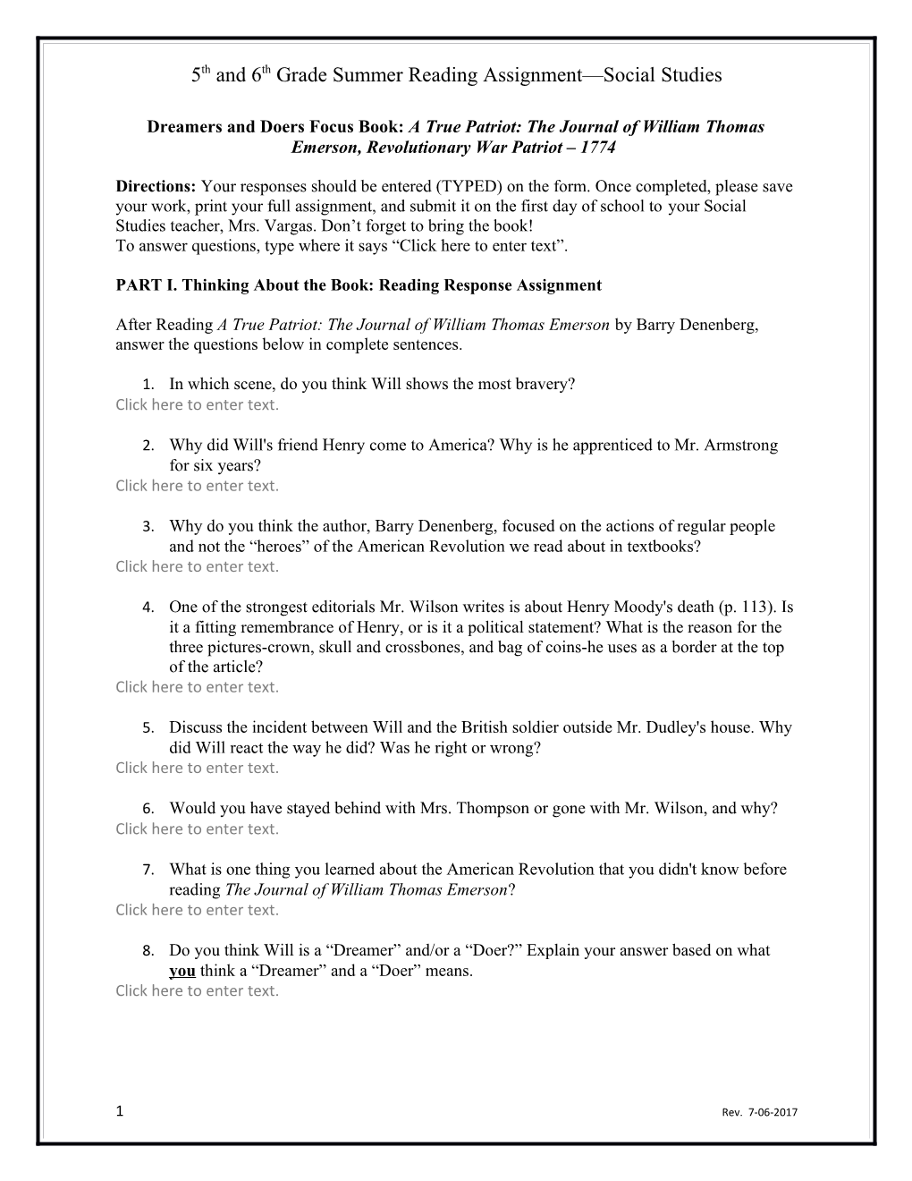 5Th and 6Th Grade Summer Reading Assignment Social Studies