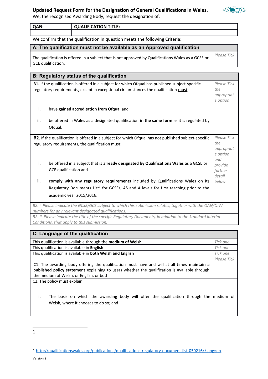Updated Request Form for the Designation of General Qualifications in Wales